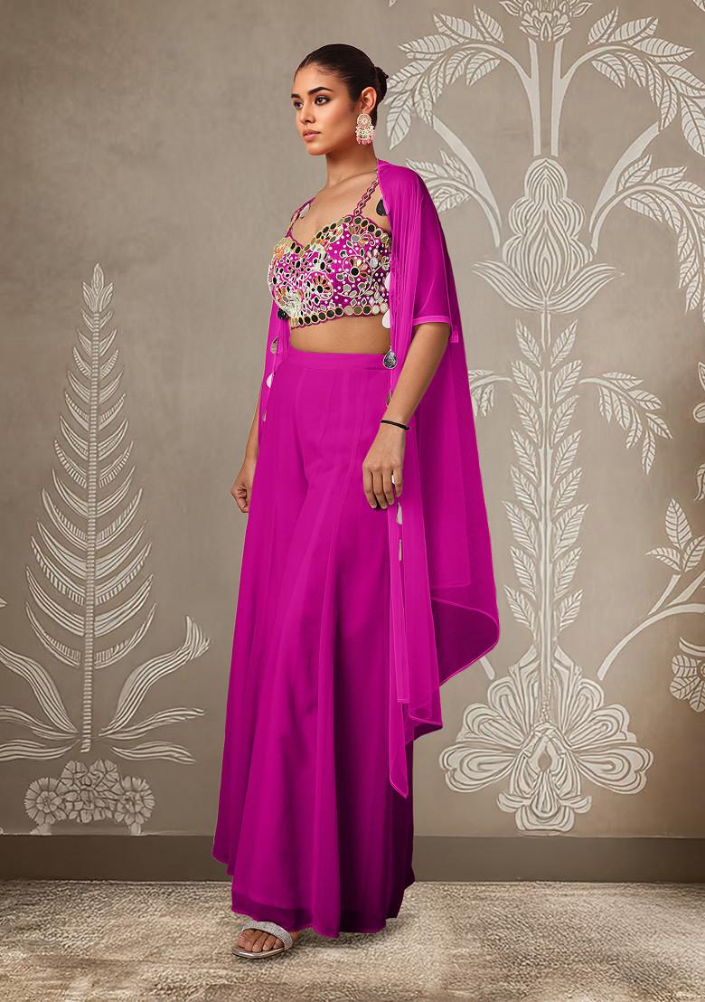 Pink Jacket Set With Hand Embroidered Blouse And Palazzo