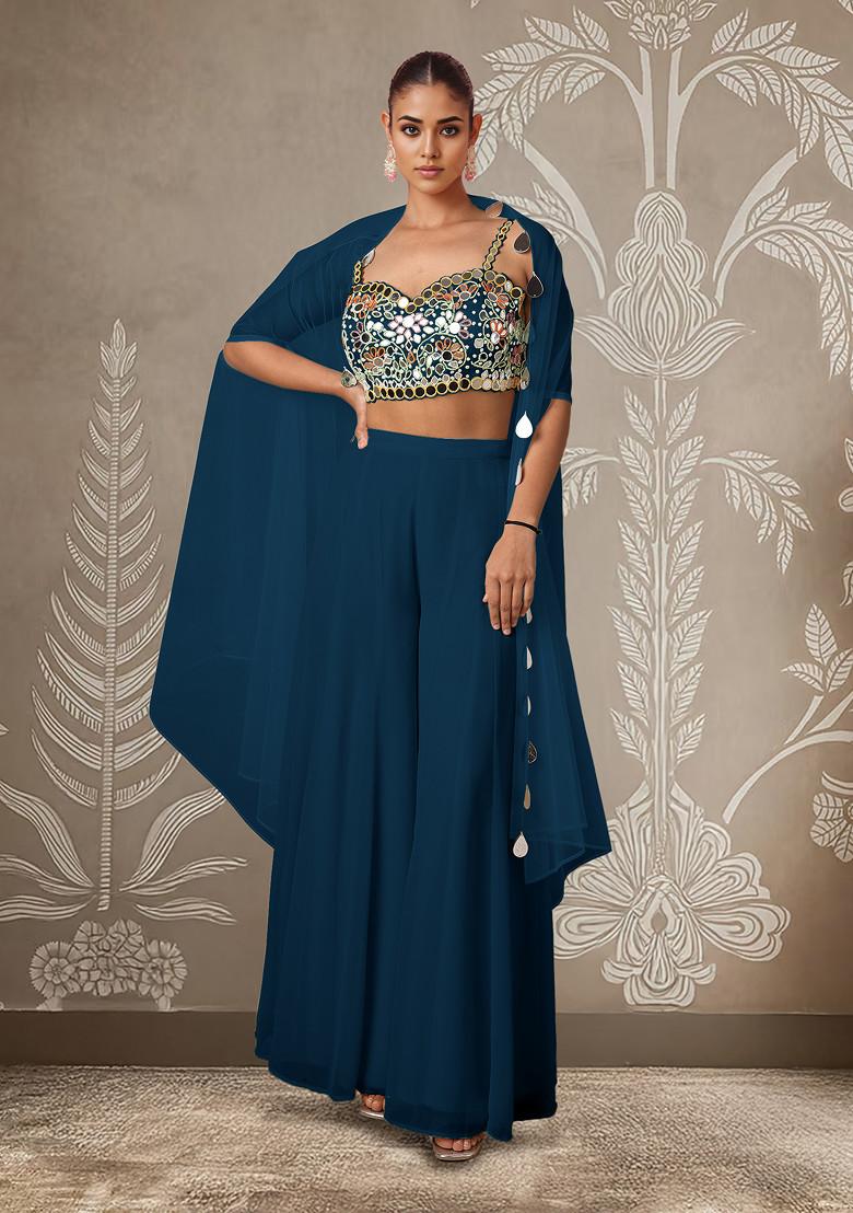 Blue Jacket Set With Hand Embroidered Blouse And Palazzo