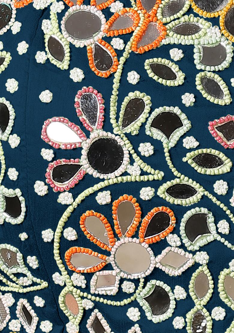 Blue Jacket Set With Hand Embroidered Blouse And Palazzo