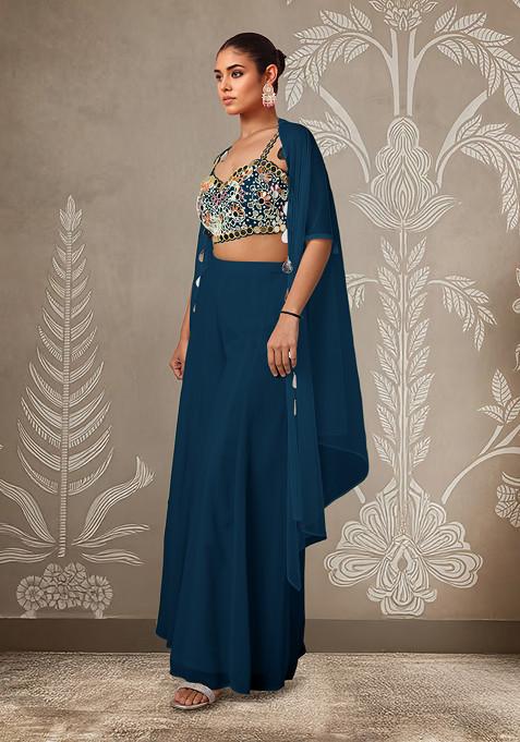 Blue Jacket Set With Hand Embroidered Blouse And Palazzo