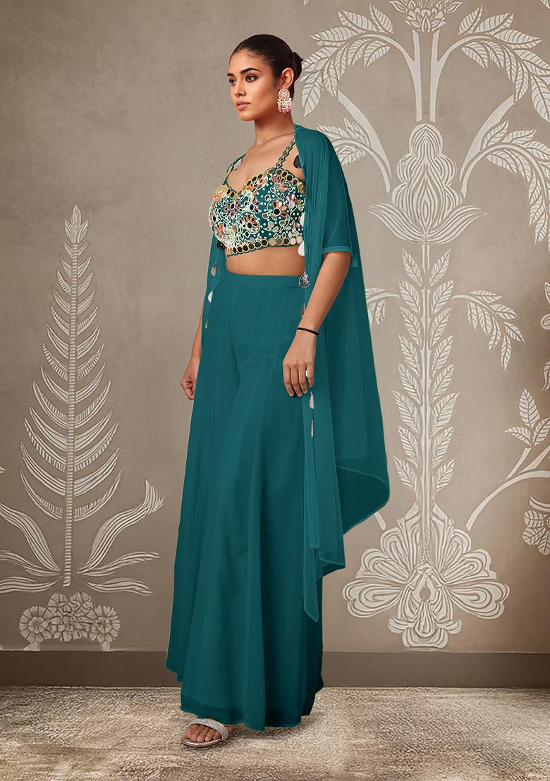 Green Jacket Set With Hand Embroidered Blouse And Palazzo