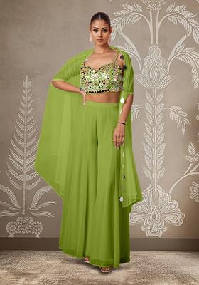 Green Jacket Set With Hand Embroidered Blouse And Palazzo