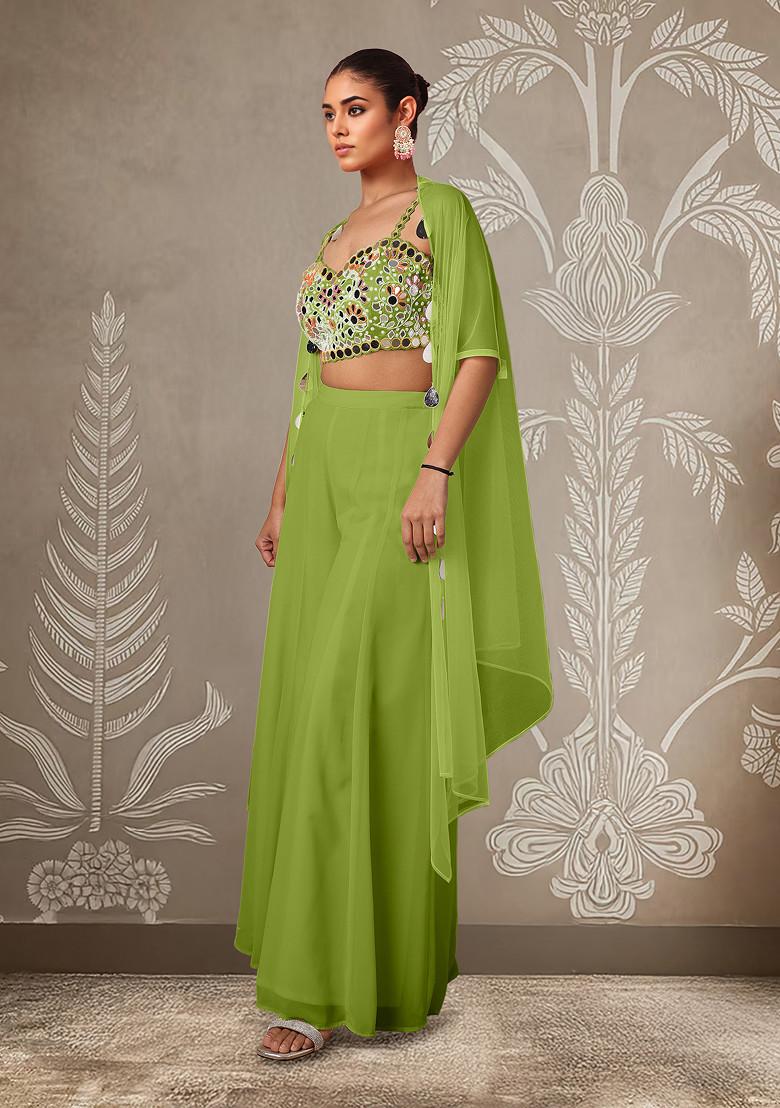 Green Jacket Set With Hand Embroidered Blouse And Palazzo