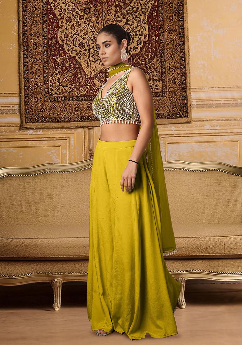 Yellow Palazzo Set With Hand Embroidered Blouse And Dupatta