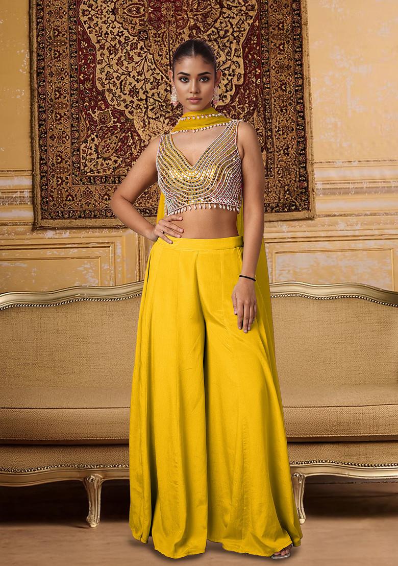 Yellow Palazzo Set With Hand Embroidered Blouse And Dupatta