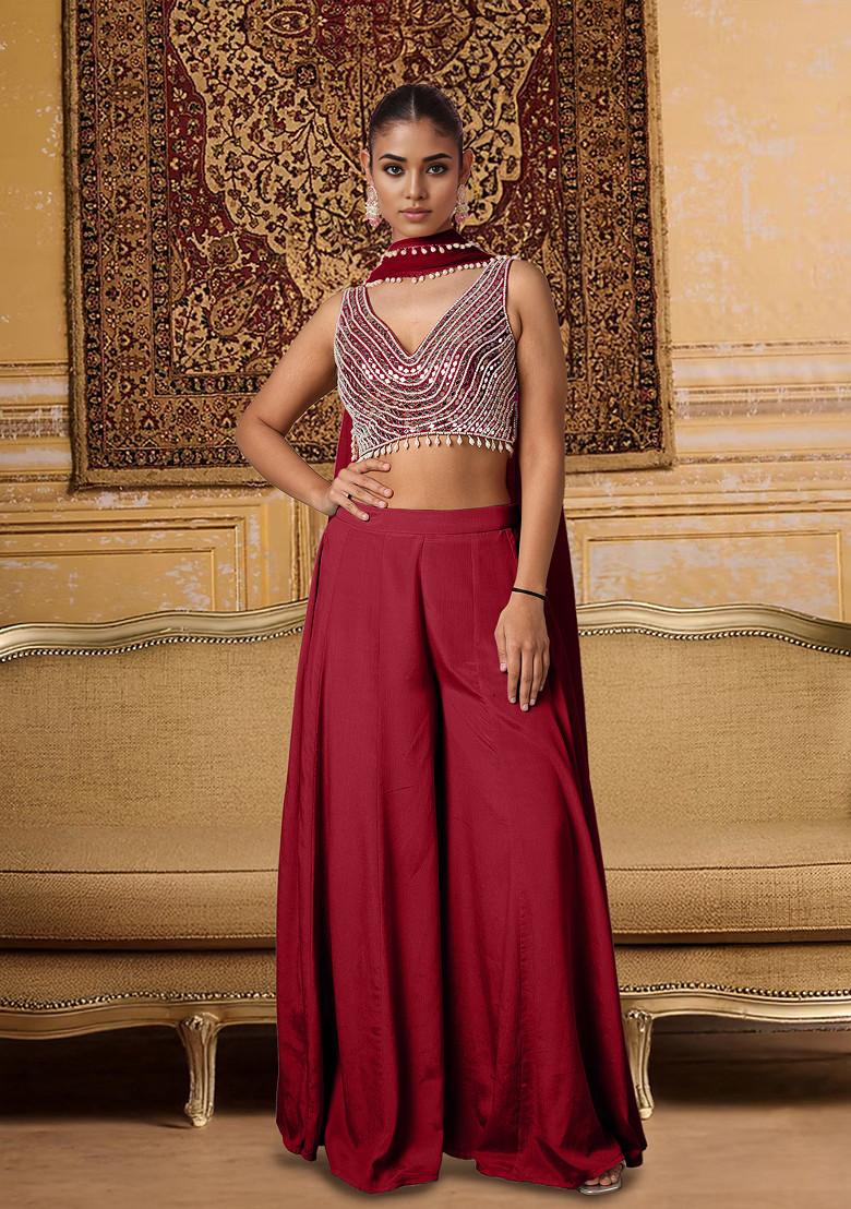 Maroon Palazzo Set With Hand Embroidered Blouse And Dupatta