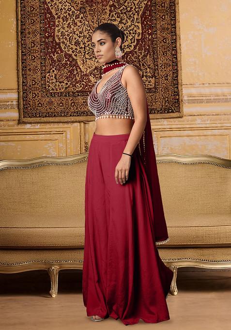 Maroon Palazzo Set With Hand Embroidered Blouse And Dupatta