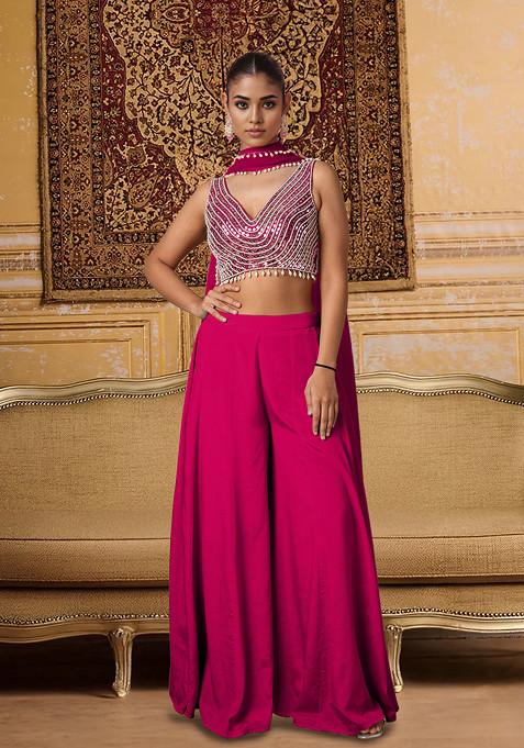 Pink Palazzo Set With Hand Embroidered Blouse And Dupatta