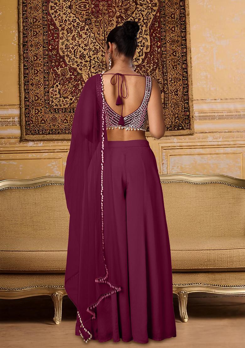 Purple Palazzo Set With Hand Embroidered Blouse And Dupatta