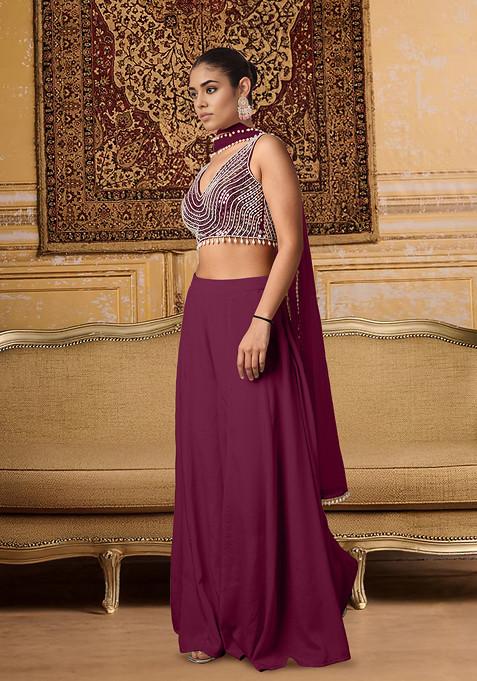 Purple Palazzo Set With Hand Embroidered Blouse And Dupatta