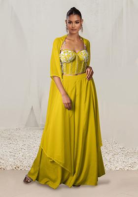 Yellow Jacket Set With Hand Embroidered Blouse And Palazzo