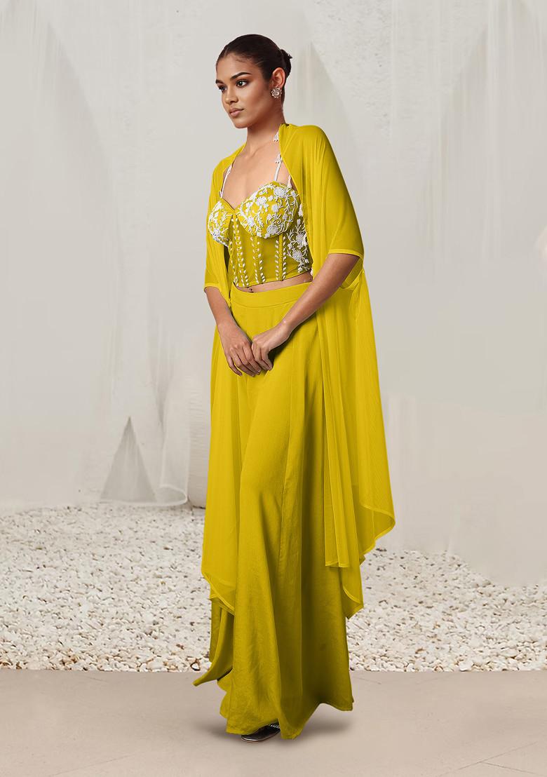 Yellow Jacket Set With Hand Embroidered Blouse And Palazzo
