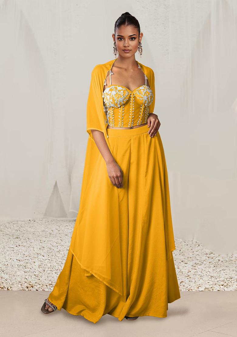 Yellow Jacket Set With Hand Embroidered Blouse And Palazzo