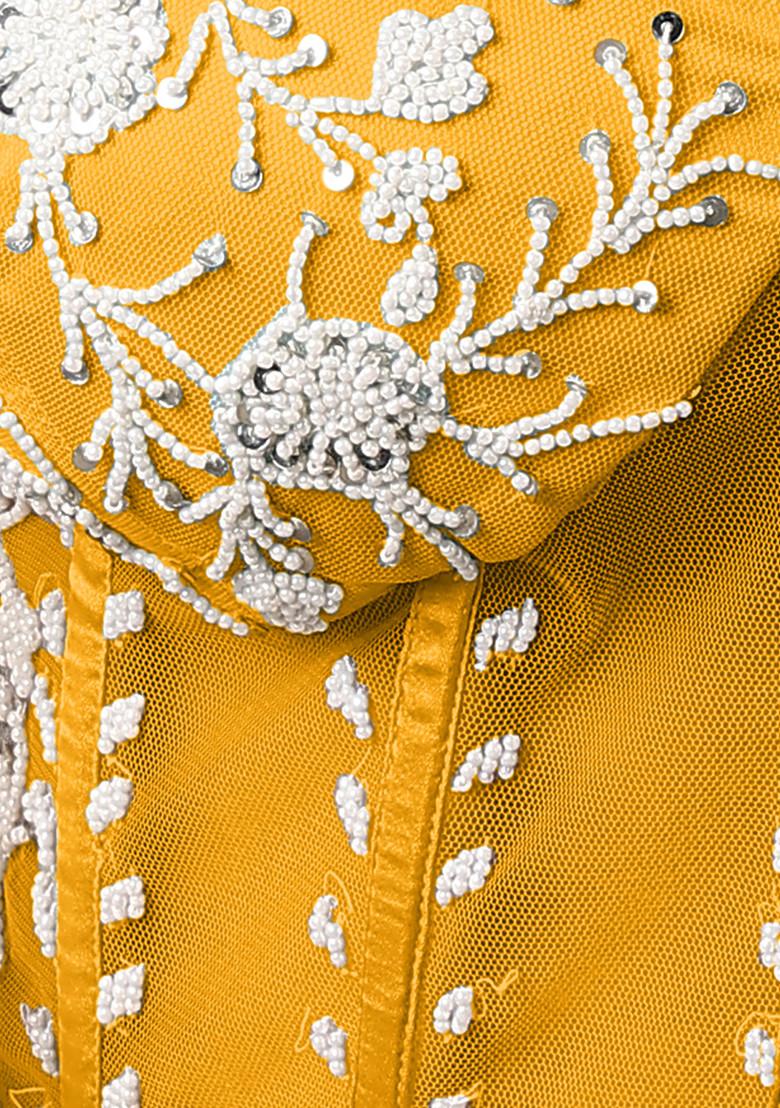 Yellow Jacket Set With Hand Embroidered Blouse And Palazzo