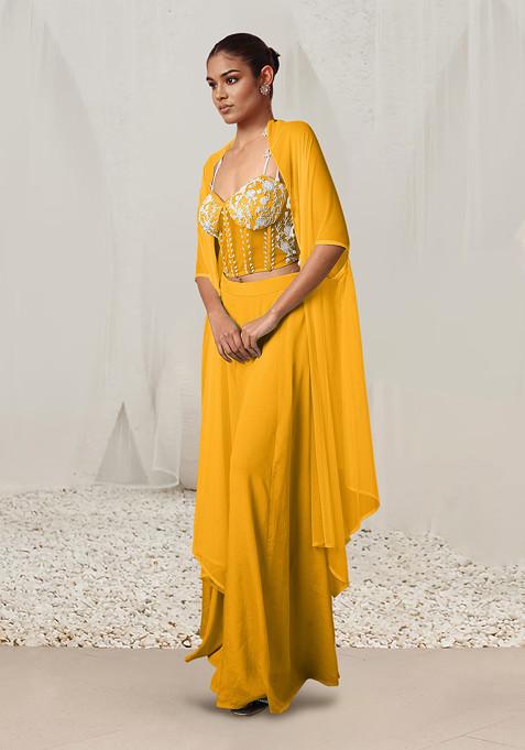 Yellow Jacket Set With Hand Embroidered Blouse And Palazzo