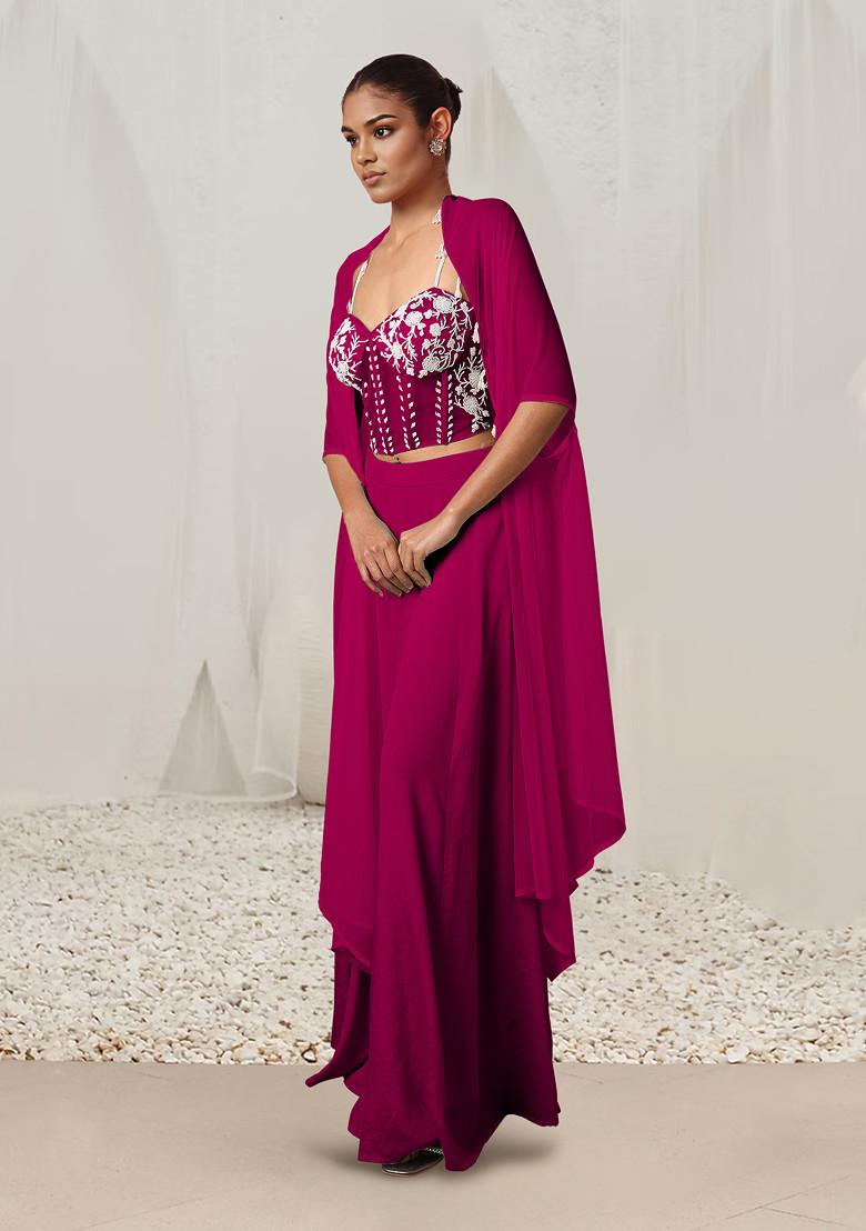 Pink Jacket Set With Hand Embroidered Blouse And Palazzo