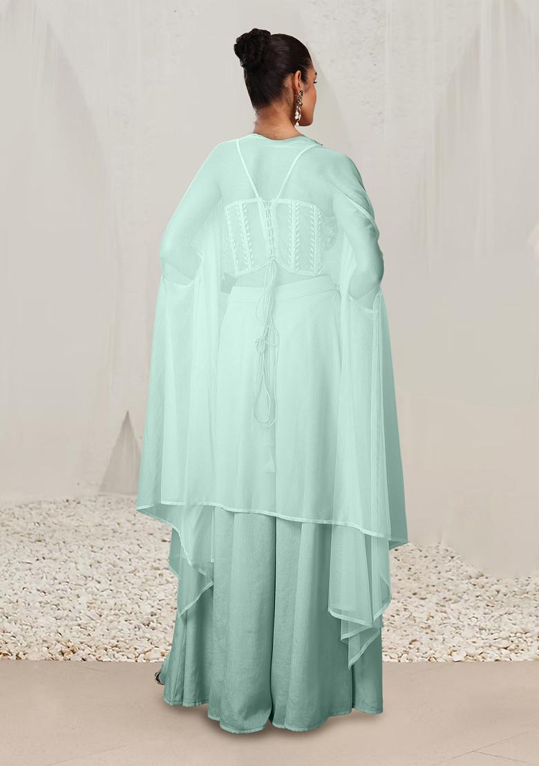 Green Jacket Set With Hand Embroidered Blouse And Palazzo