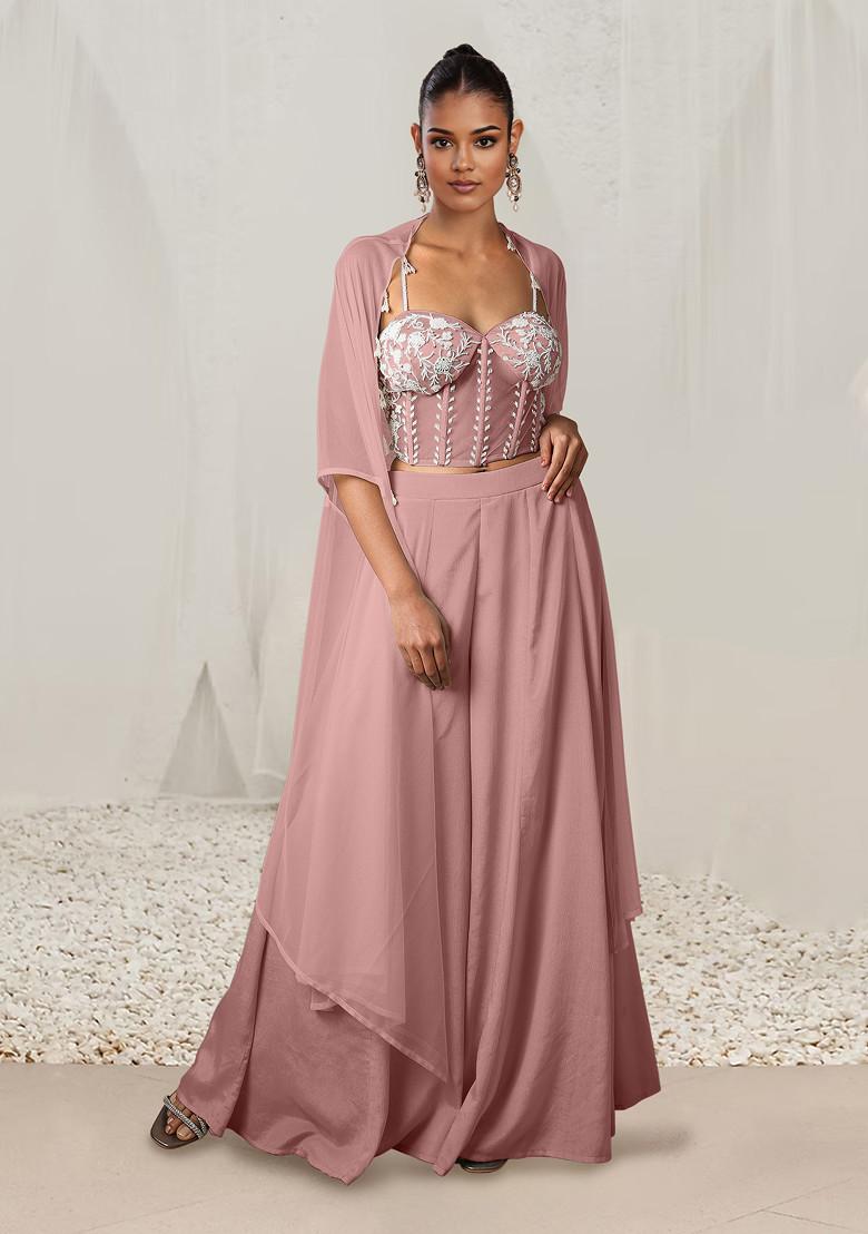 Pink Jacket Set With Hand Embroidered Blouse And Palazzo