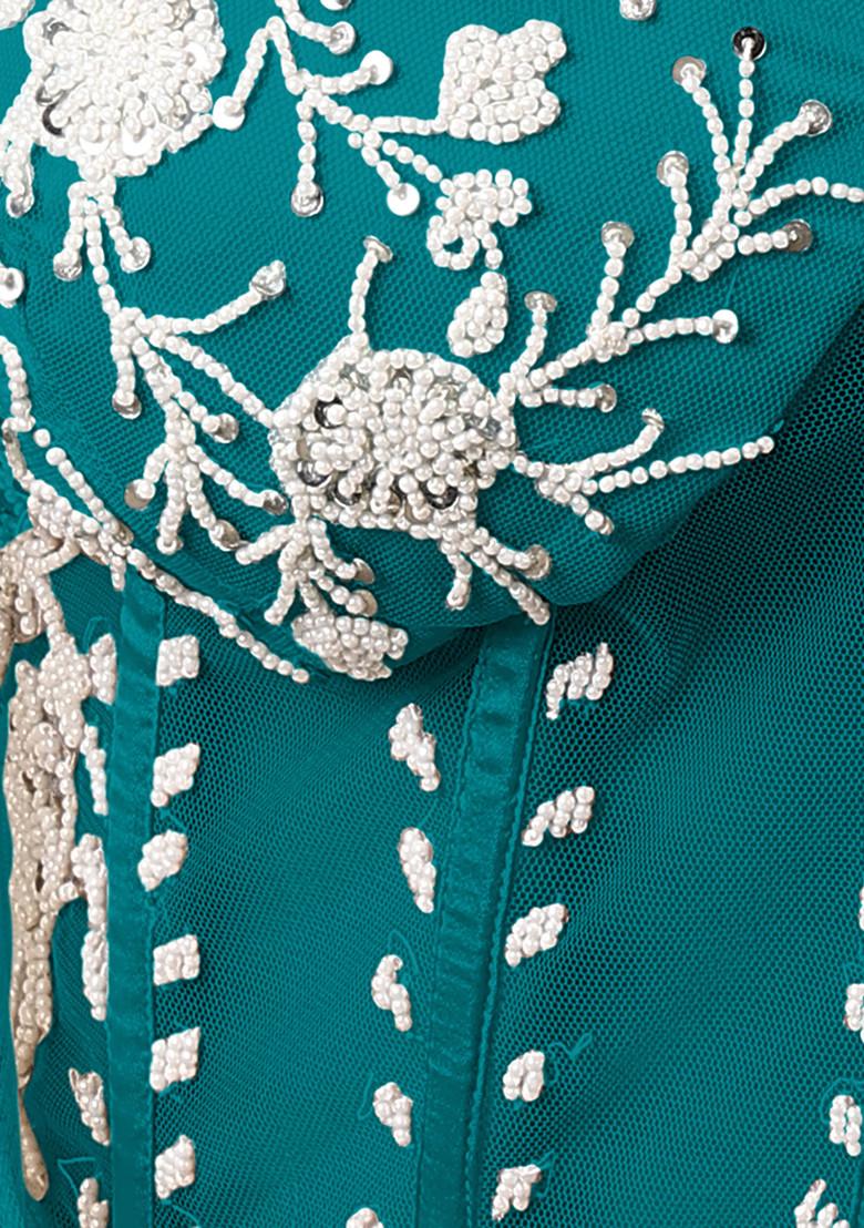 Green Jacket Set With Hand Embroidered Blouse And Palazzo