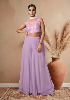 Purple Palazzo Set With Hand Embroidered Blouse And Dupatta