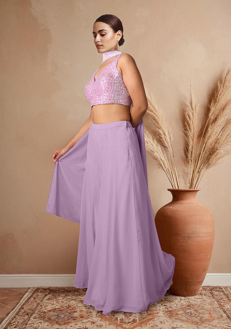 Purple Palazzo Set With Hand Embroidered Blouse And Dupatta