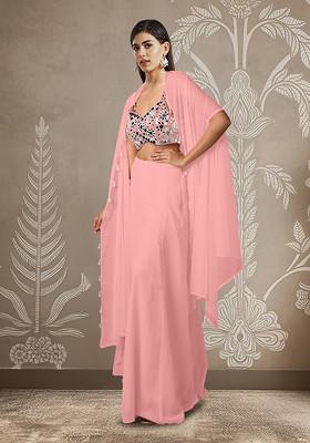 Pink Jacket Set With Hand Embroidered Blouse And Palazzo