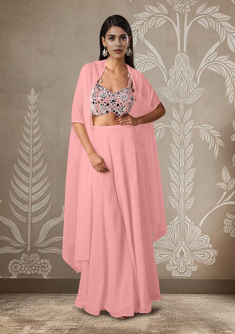 Pink Jacket Set With Hand Embroidered Blouse And Palazzo