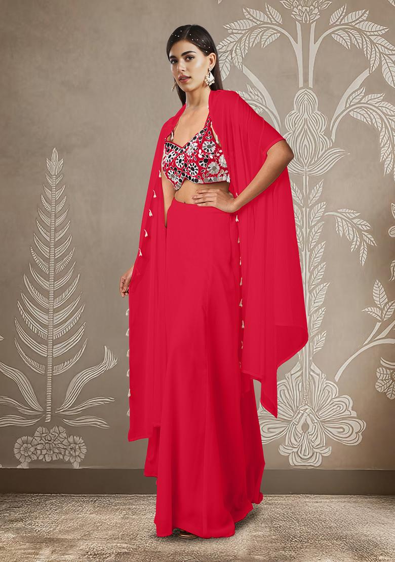 Red Jacket Set With Hand Embroidered Blouse And Palazzo