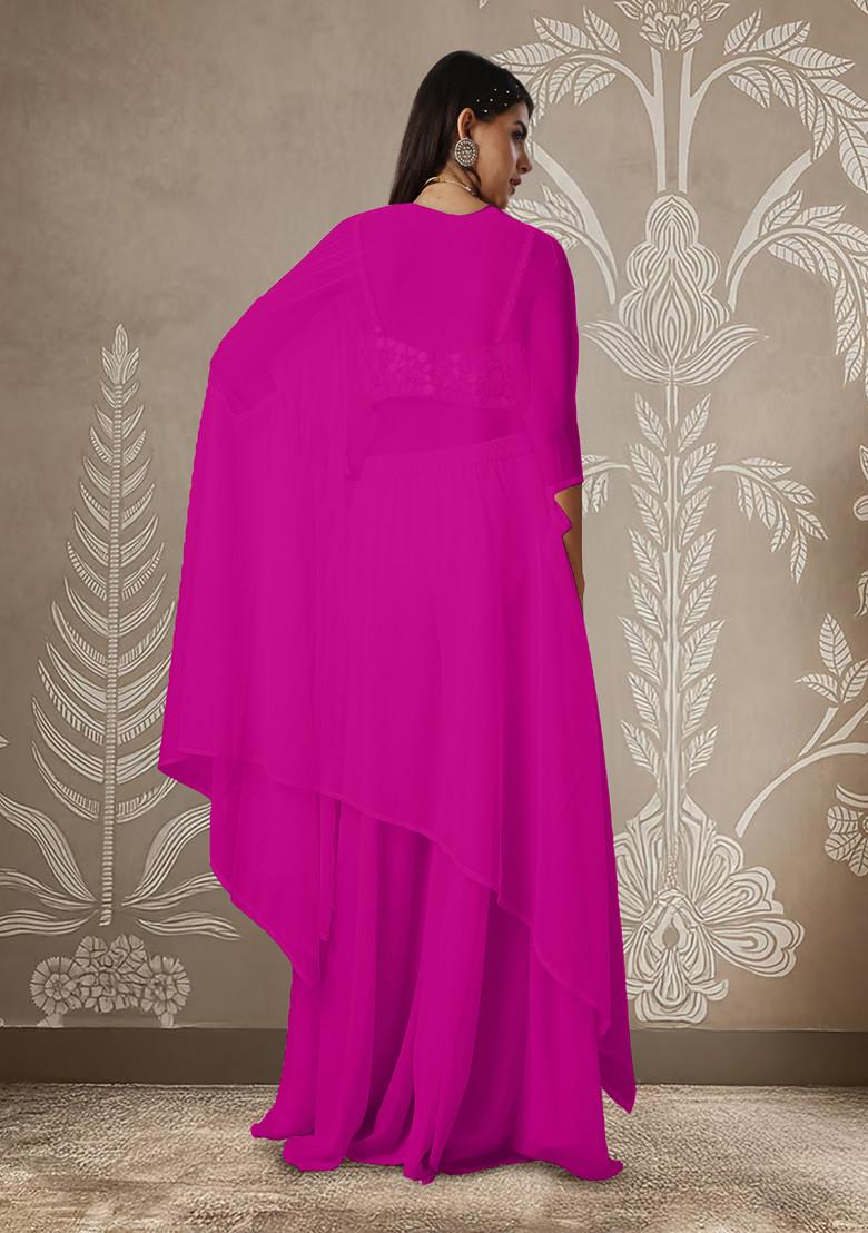 Pink Jacket Set With Hand Embroidered Blouse And Palazzo