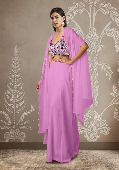 Pink Jacket Set With Hand Embroidered Blouse And Palazzo