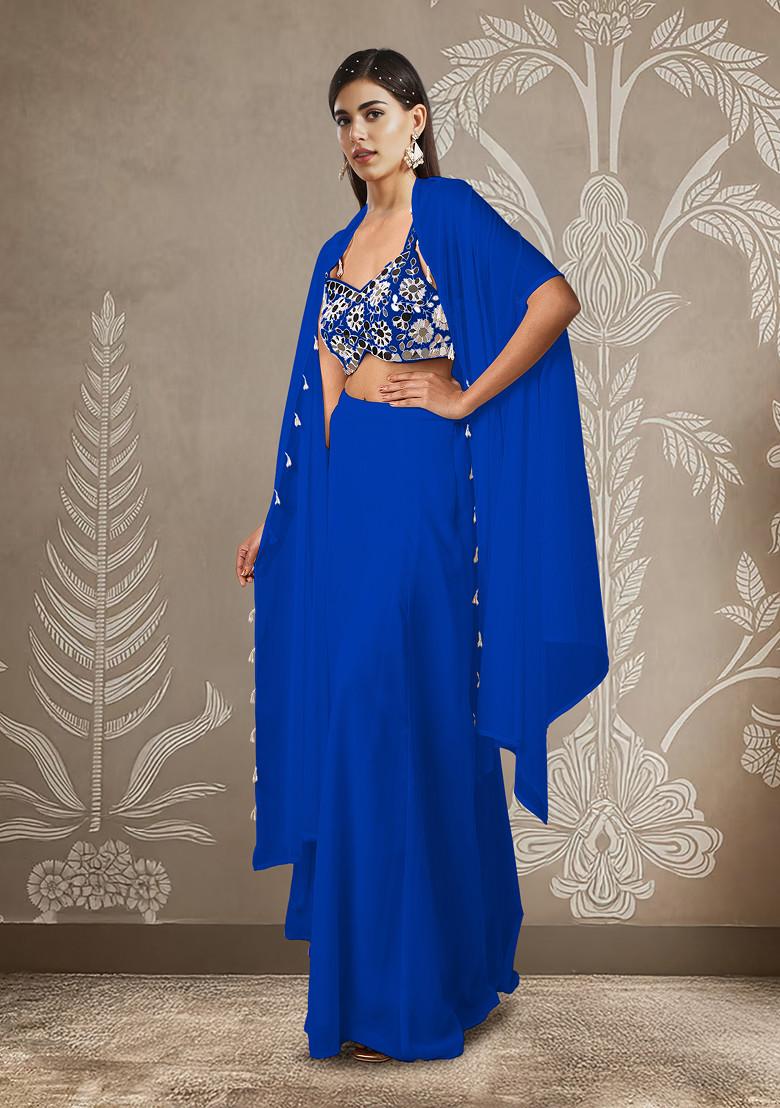 Blue Jacket Set With Hand Embroidered Blouse And Palazzo