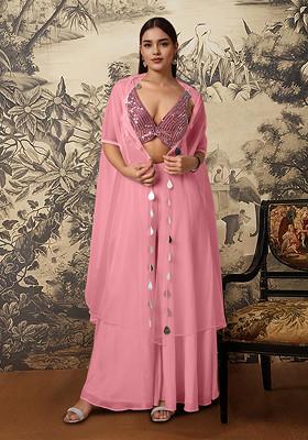 Pink Jacket Set With Hand Embroidered Blouse And Palazzo
