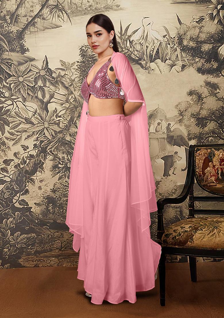 Pink Jacket Set With Hand Embroidered Blouse And Palazzo