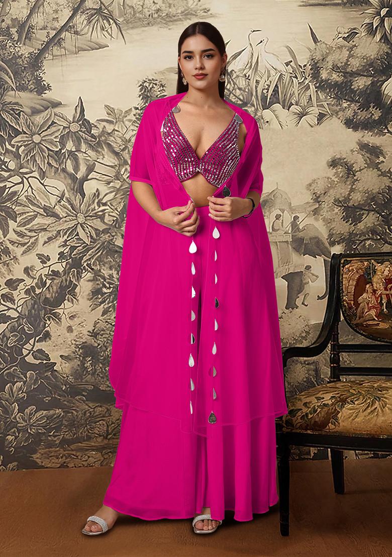 Pink Jacket Set With Hand Embroidered Blouse And Palazzo