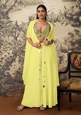 Yellow Jacket Set With Hand Embroidered Blouse And Palazzo