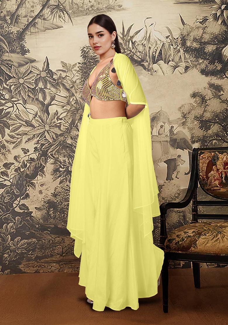 Yellow Jacket Set With Hand Embroidered Blouse And Palazzo