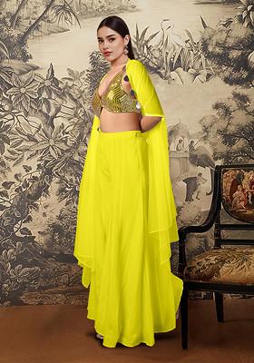 Yellow Jacket Set With Hand Embroidered Blouse And Palazzo