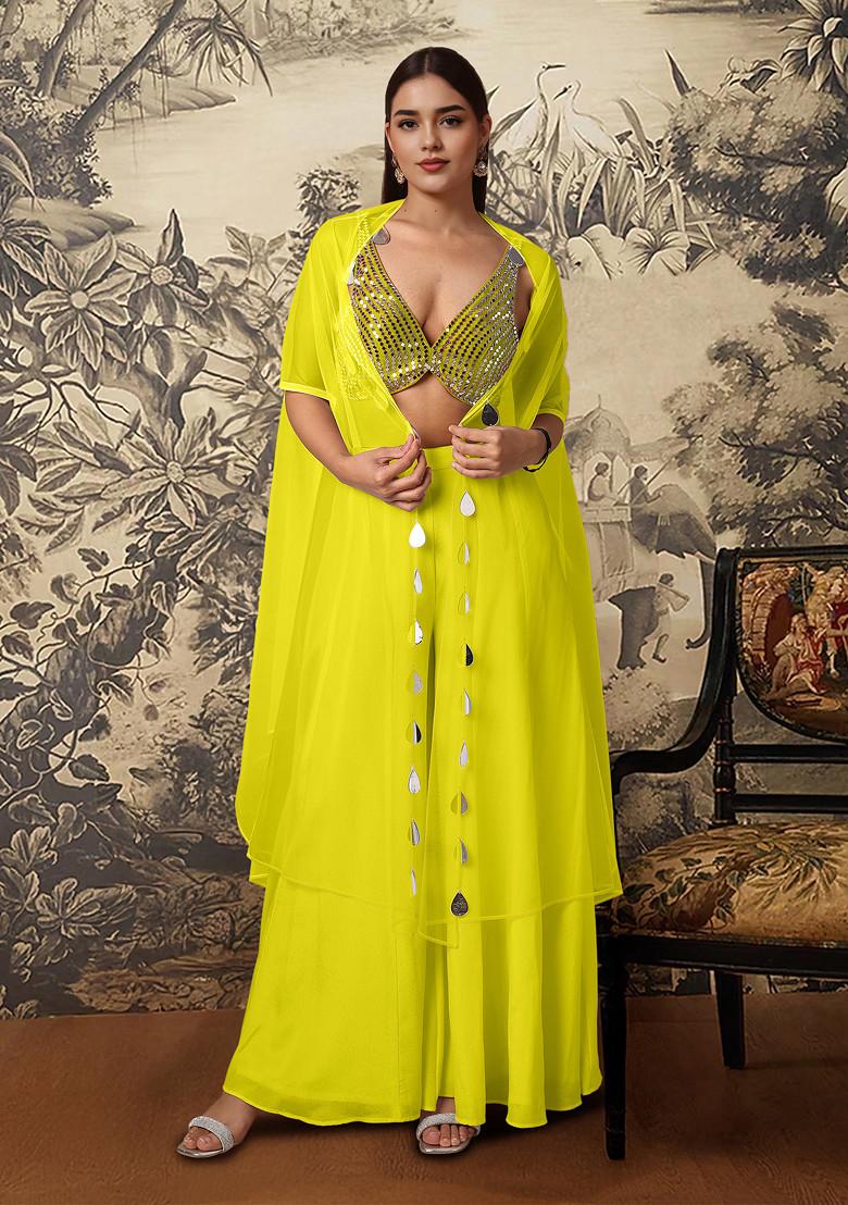 Yellow Jacket Set With Hand Embroidered Blouse And Palazzo