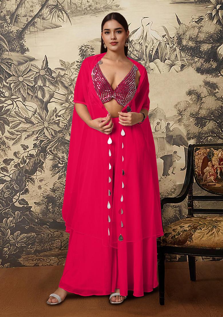 Red Jacket Set With Hand Embroidered Blouse And Palazzo