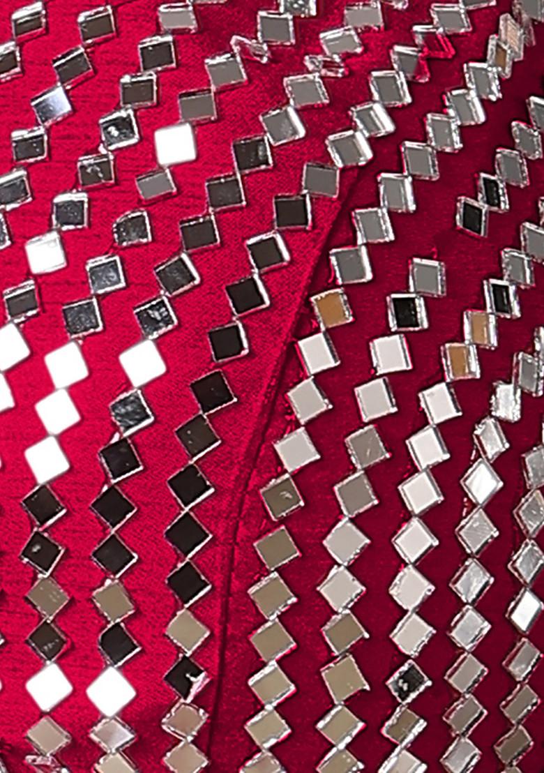 Red Jacket Set With Hand Embroidered Blouse And Palazzo