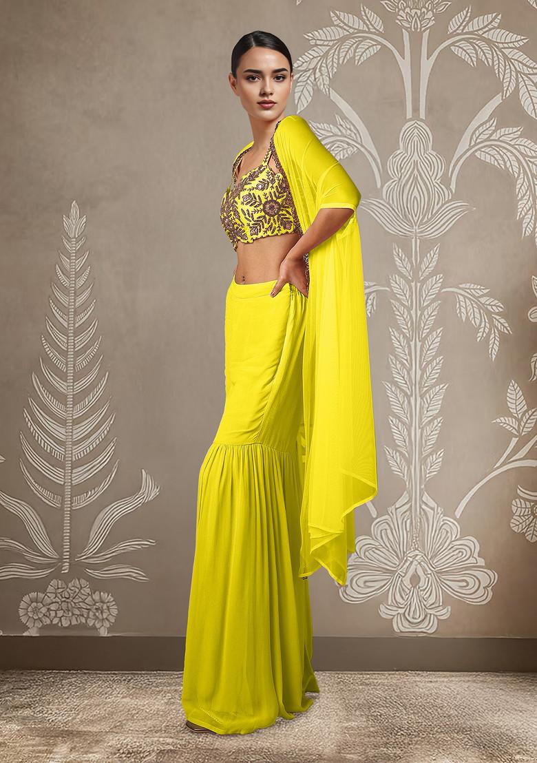 Yellow Jacket Set With Hand Embroidered Blouse And Palazzo