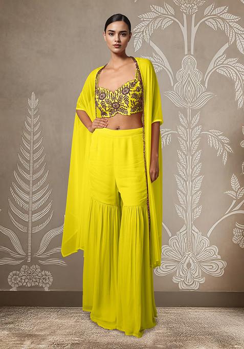 Yellow Jacket Set With Hand Embroidered Blouse And Palazzo