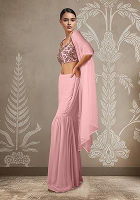 Pink Jacket Set With Hand Embroidered Blouse And Palazzo