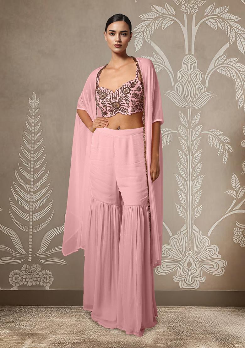 Pink Jacket Set With Hand Embroidered Blouse And Palazzo