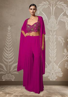 Pink Jacket Set With Hand Embroidered Blouse And Palazzo