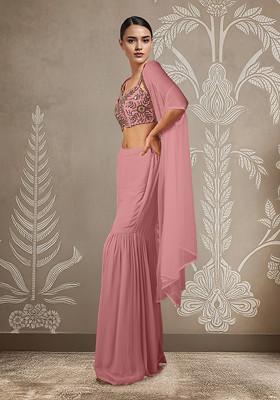 Pink Jacket Set With Hand Embroidered Blouse And Palazzo