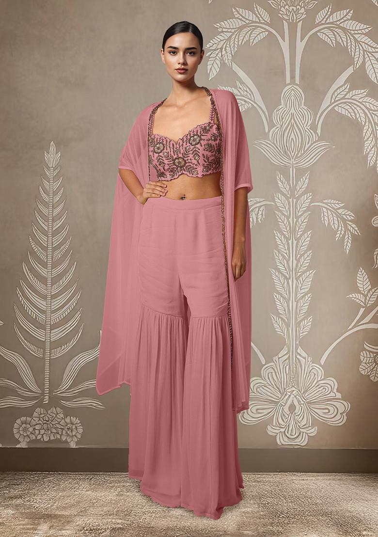 Pink Jacket Set With Hand Embroidered Blouse And Palazzo