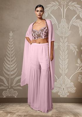 Pink Jacket Set With Hand Embroidered Blouse And Palazzo
