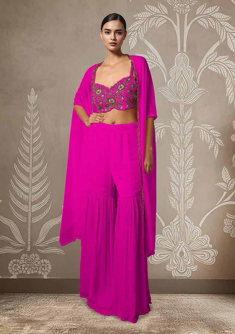 Pink Jacket Set With Hand Embroidered Blouse And Palazzo