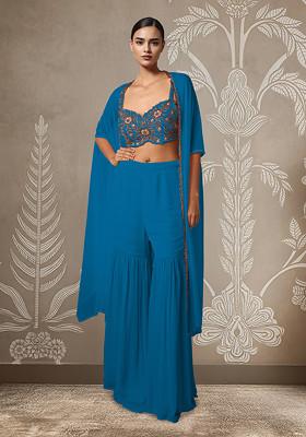 Blue Jacket Set With Hand Embroidered Blouse And Palazzo